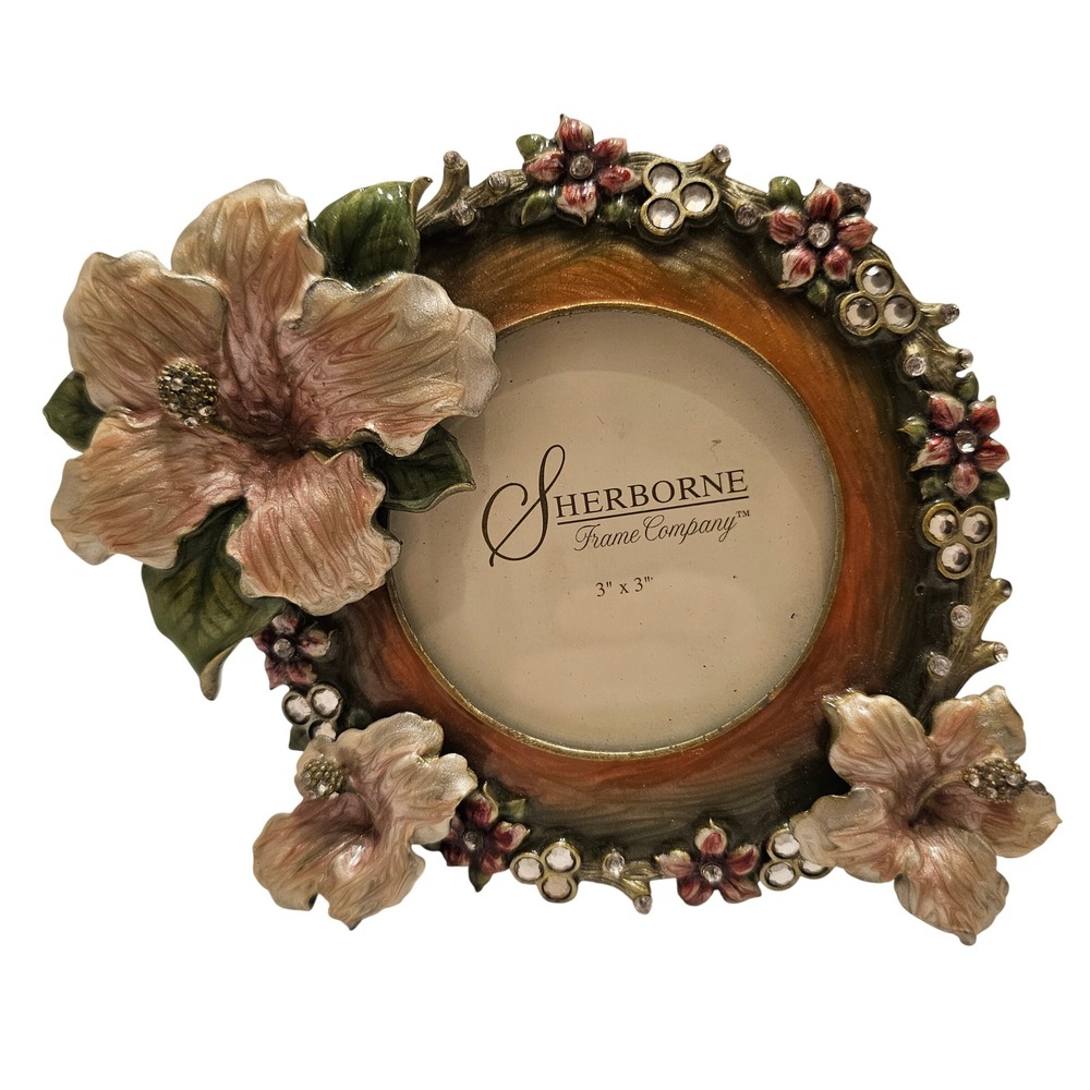 Sherborne Frame Company Floral Enamel Rhinestone 3x3 Round Hibiscus Photo Frame